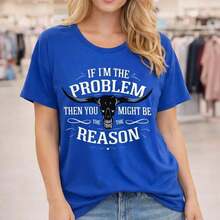 Women's Plus Size Cotton T-Shirt, M-5XL, Graphic Print "If I'm The Problem, Then You Could Be The Reason", Short Sleeve, Casual Loose Fit, Crew Neck, Soft And Comfortable T-Shirt For Everyday Wear, Black - 藍色 - 查看 12