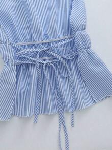 Nuevo conjunto de 2 piezas de mujer con top halter con lazos y shorts a rayas con espalda descubierta, adecuado para vacaciones de verano - Azul - Ver 6