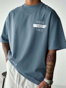 Camiseta de Algodón para Hombre, Negra, de Manga Corta, con Estampado Abstracto de Retrato Escultórico - Azul grisáceo - Ver 2
