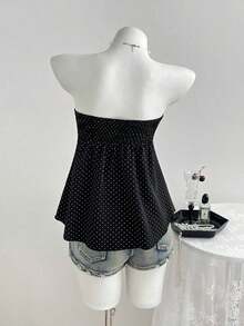 Top de tirantes con cintura ceñida y estampado de lunares, trajes de baño de primavera/verano para mujeres con parte superior de lunares con lazo, blusas de verano para mujeres con estampado de lunares, top sin tirantes con estampado de lunares - Negro - Ver 2