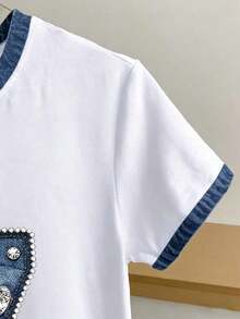Camiseta de mujer de cuello redondo con estampado de lunares, rayas y corazones - Blanco - Ver 4