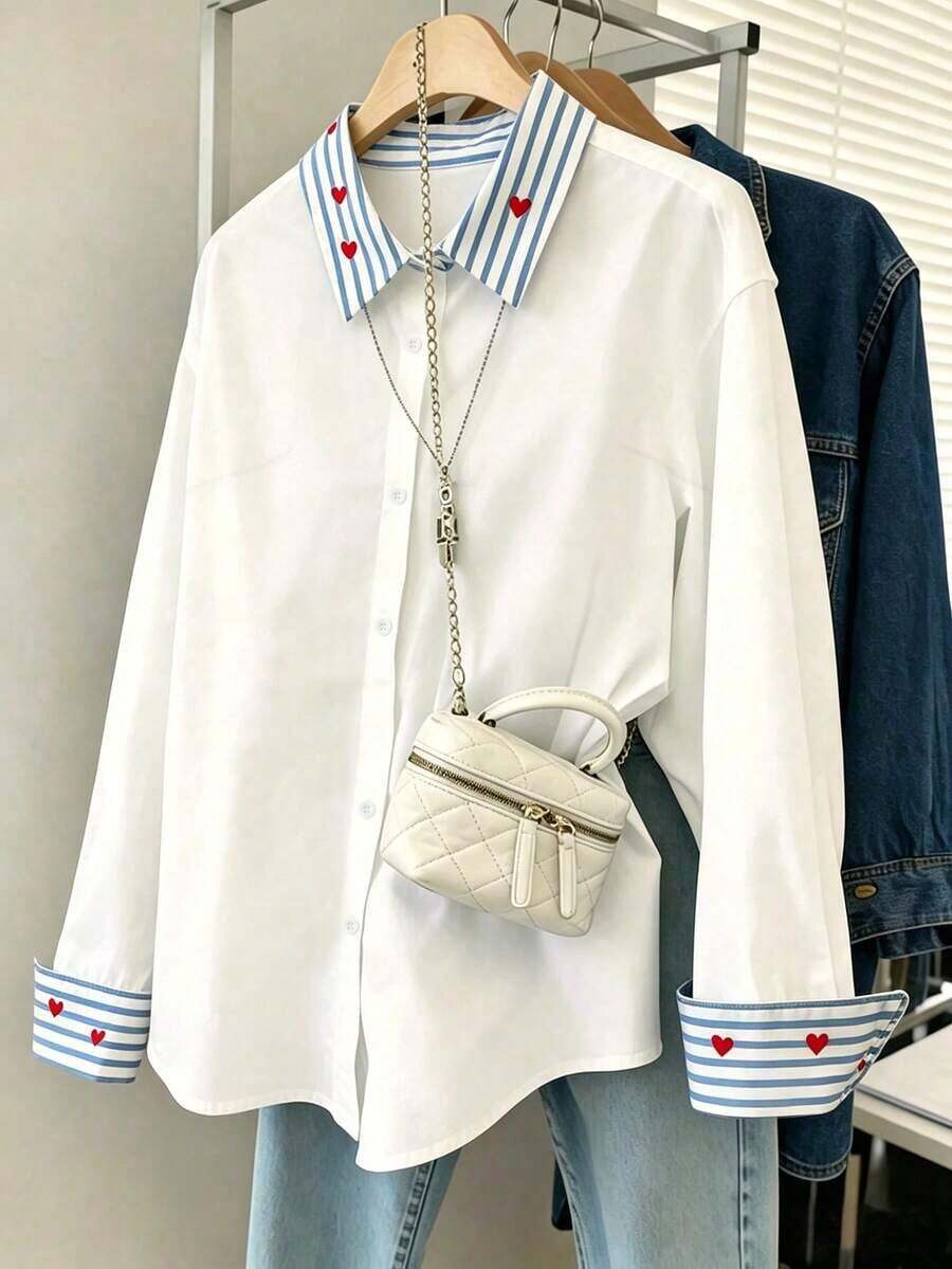 Camisa de efecto de mezclilla de parchwork casual para mujer, otoño/invierno - Blanco 2 - Ver 1