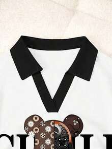 Blusa casual de mujer con cuello polo a rayas y manga corta - Blanco y Negro 4 - Ver 3