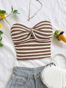 Top corto de algodón de punto a rayas con nudo - Uso versátil de verano, festival occidental, chica de isla vintage, vacaciones en la playa, vibraciones de vacaciones románticas, vacaciones de primavera, chica linda y limpia, vacaciones en la p - Café integral - Ver 8