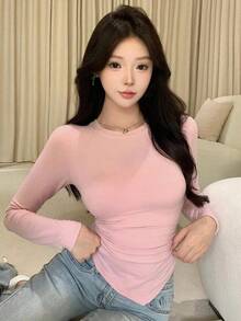 Camiseta de mujer de manga larga con diseño asimétrico y ajuste ceñido, ropa de otoño con estilo preppy - Rosa - Ver 7