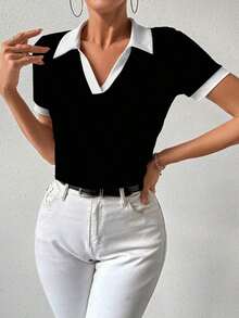 Camiseta de mujer con cuello polo, manga corta, estampado de lunares y parches - Negro 2 - Ver 3