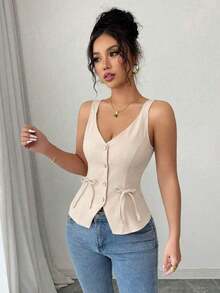 Nuevo Llegado para el Día de San Valentín 2025 Blusa de Tirantes con Cuello en V Profundo, Lazo en la Cintura y Moño para Mujer, Estilizante - Albaricoque - Ver 7