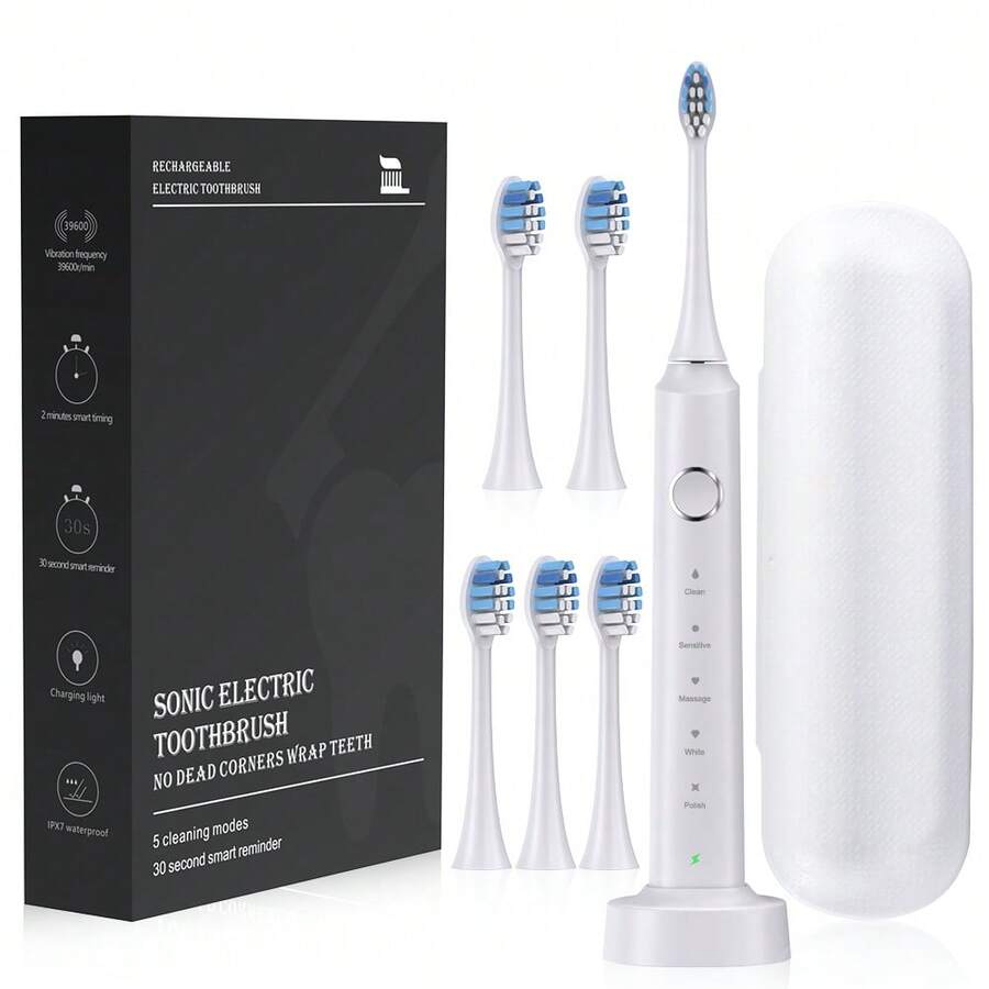 Cepillo de dientes eléctrico sónico recargable LANDOT para adultos, 5 modos 38400 VPM de alta frecuencia de vibración, IPX7 impermeable, limpieza profunda, masaje de encías y blanqueamiento dental, herramienta de cuidado oral - Blanco - Ver 1