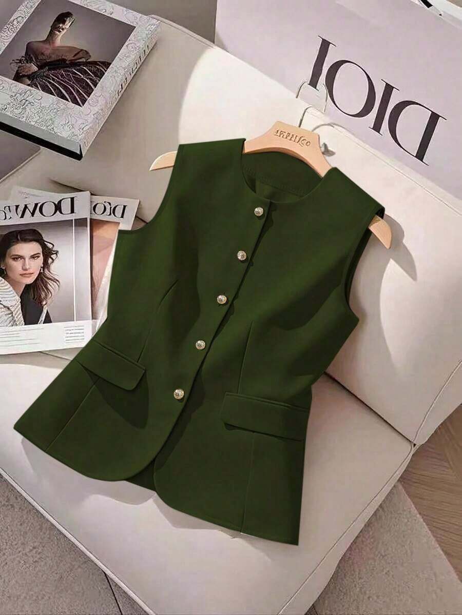 Camisa sin mangas de unicolor y estilo minimalista con botones para mujer - Verde Oliva - Ver 1