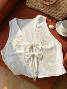 2026 Nuevo Top sin mangas con cuello en V, lazo delantero y bordado floral para mujer, ideal para vacaciones en la playa, uso casual, estilo Y2K de los 2000, primavera, graduación, fiesta de boda, vacaciones elegantes, San Valentín, carnaval, - Blanco 2 - Ver 5