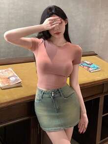 Camiseta de manga corta de unicolor casual para mujer, verano - Rosa vieja - Ver 7