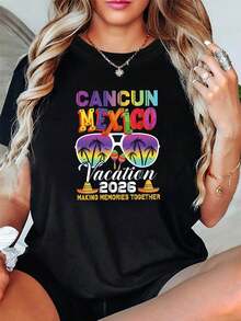 Women's T-Shirt With "Cancun, Mexico 2026" Text Print, Round Neck, Short Sleeve, Spring/Summer, Casual, For Shopping, Vacation, Gift, Outfit For Girlfriends, Women's Tops - 黑色 - 查看 7