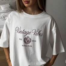 Nueva  Verano 2026: Camiseta de Manga Corta de Algodón para Mujer, Estilo Vintage de Hong Kong, Estampado Americano, Versátil y de Talla Grande - Blanco - Ver 2