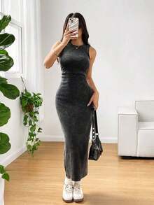 Vestido ajustado de cuello redondo sin mangas con estilo desgastado y lavado con ácido - Negro - Ver 4