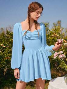 MOD Vestido escote corazón de manga farol pecho con fruncido - Celeste - Ver 3