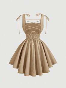 Vestido rosa romántico con espalda descubierta y lazo, adecuado para citas, fiestas, vacaciones, meriendas de té y ocasiones de cumpleaños - Caqui - Ver 2