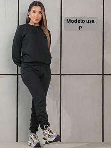 Women's Fleece Set: Long-Sleeved Sweatshirt And Jogger Pants, Flannel Lined, Premium Cotton, Comfortable - màu đen - Xem 9