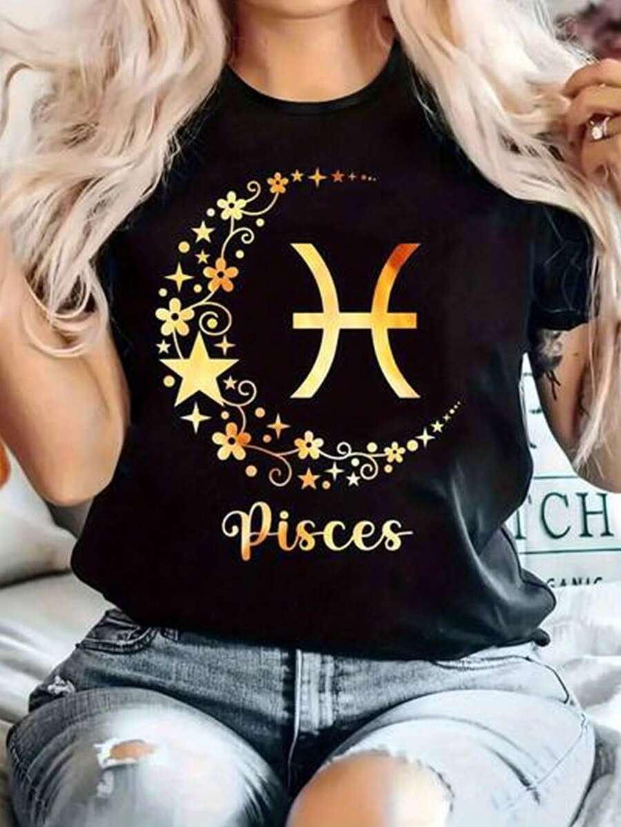 Mujer Camiseta de manga corta con estampado térmico de signo de Piscis dorado, diseño de flores y estrellas con luna, estilo tierno casual - Negro - Ver 1