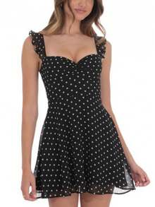Vestido mini de verano para mujer, color liso, sin mangas, espalda abierta, cintura fruncida, vestido de malla - Negro - Ver 1