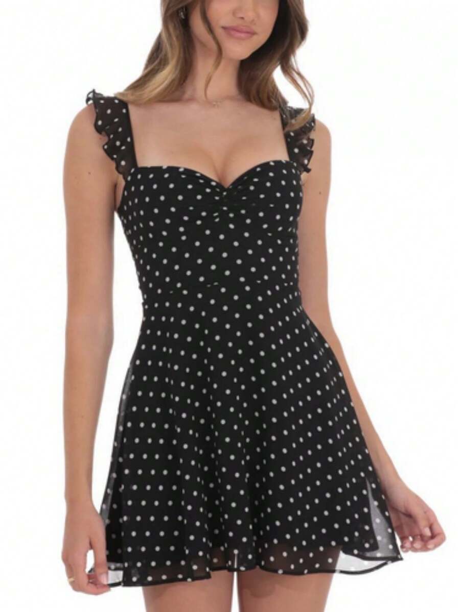 Vestido mini de verano para mujer, color liso, sin mangas, espalda abierta, cintura fruncida, vestido de malla - Negro - Ver 1