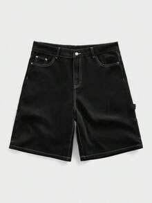 ROMWE MEN Street Life Pantalones cortos de mezclilla con bordado de tela de araña, corte holgado para hombre - Negro 8 - Ver 3