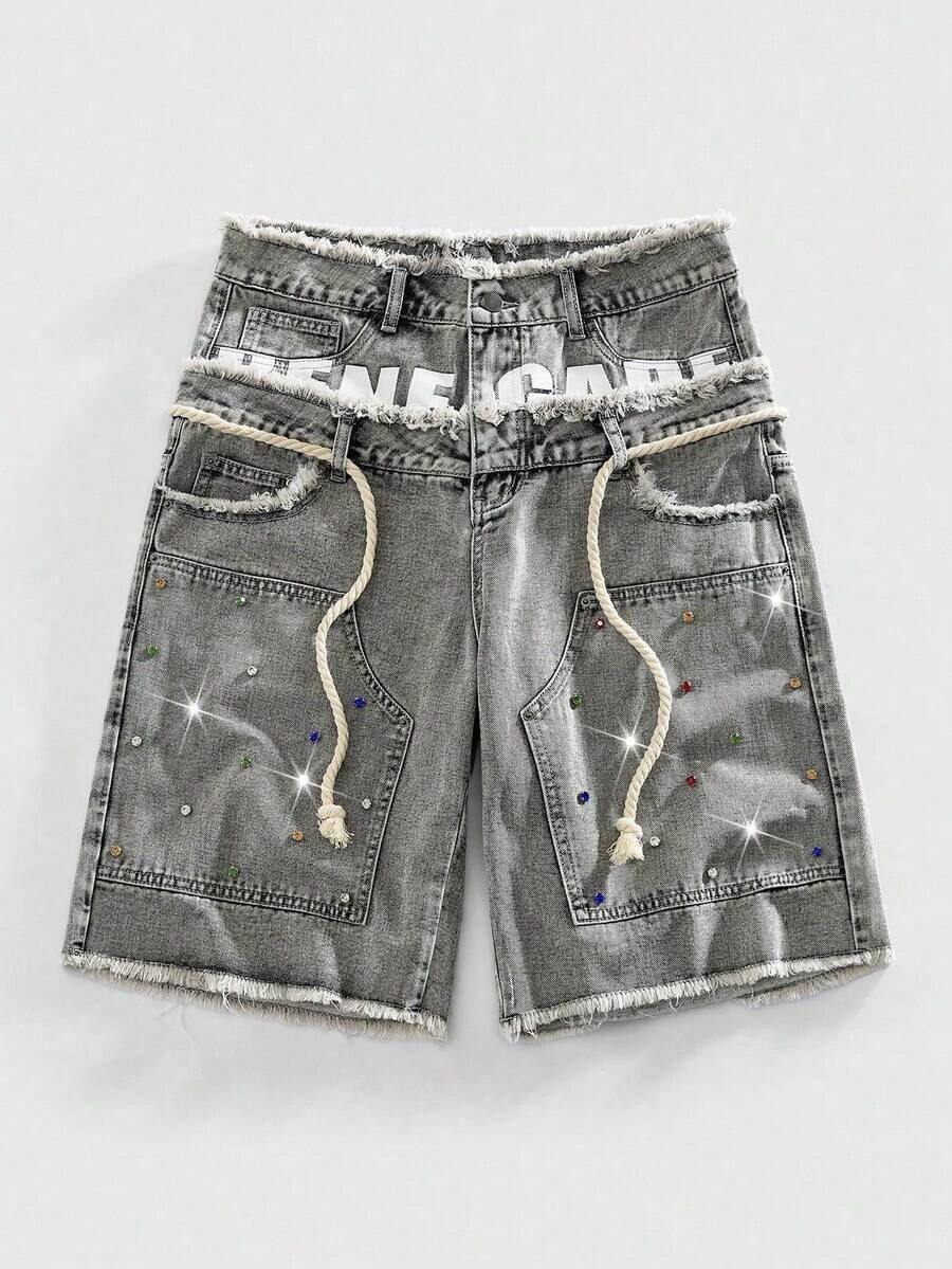 ROMWE MEN Street Life Pantalones cortos de mezclilla con doble cintura y bordado para hombres - Gris Claro - Ver 1