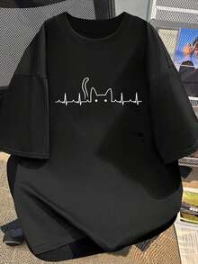 Camiseta de manga corta para mujer, holgada, adelgazante, de algodón puro, con un bonito diseño de estampado de dibujos animados 3333 # - Negro - Ver 4