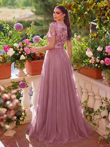 Faeriesty 優雅女款長版 A 字修身洋裝，網紗刺繡亮片花卉短袖圓領正式晚禮服，適合婚禮、度假、派對、秋季 - 藕粉色 - 查看 2