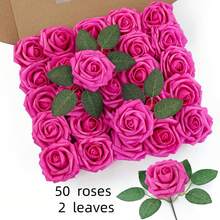 50 flores + 2 hojas Rosas artificiales de espuma blanca con tallos, aspecto realista para ramos de boda DIY, centros de mesa para despedida de soltera, arreglos florales, decoraciones de mesa para fiestas, decoración del hogar, regalos, cumpleaños, graduaciones, etc. - Rosa Fucsia - Ver 7