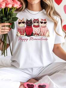 Happy Meowentines T-Shirt, Valentine's Day Sweater With Cute Cat, Fun Gift For Cat Lovers. Unisex T-Shirt Made Of 220g Pure Cotton, Ideal Weight For All Seasons, Suitable For Both Men And Women. Durable, High-Quality Fabric, Soft To The Touch And Long-Lasting. Breathable Top. Suitable For Women's Spring And Summer, Holidays, Mother's Day, And Independence Day. - 白色 - 查看 1