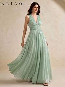 Vestido elegante y lujoso de ALIAO para mujer, con cuello halter en V, plisado de gasa, para playa, vacaciones, boda, fiesta, cóctel y eventos formales. Vestido largo estilizador y grácil para primavera/verano 2026 - verde menta - Ver 4