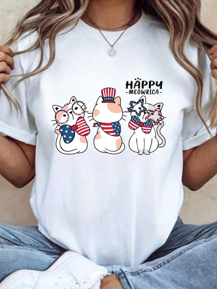 T-Shirt With A Patriotic Cat Design And The Phrase "Happy Meowrica" For The 4th Of July. Unisex T-Shirt Made Of 220g Pure Cotton. Ideal Weight For All Seasons, Suitable For Both Men And Women. Durable, High-Quality Fabric That Is Soft To The Touch And Long-Lasting. Breathable. Perfect For Spring And Summer, Holidays, Mother's Day, And Independence Day. - 白色 - 查看 1