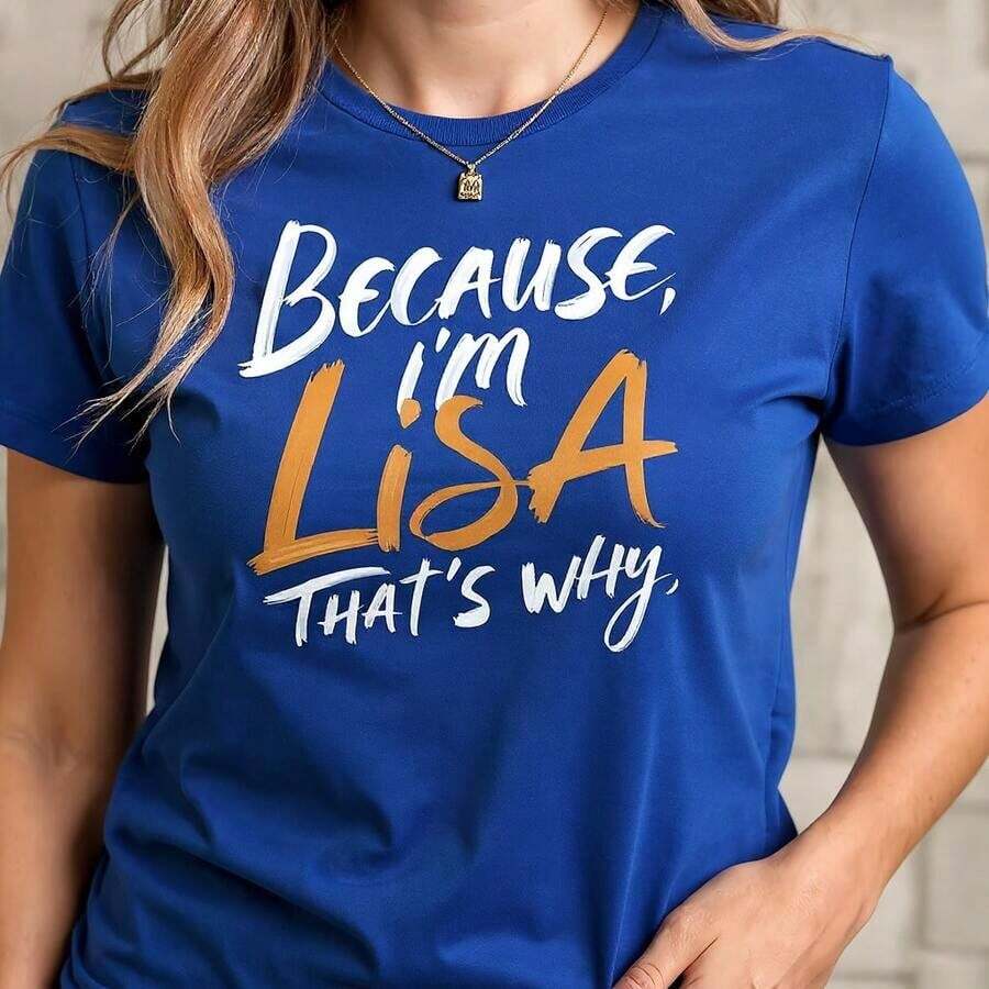Women's Vintage Cotton T-Shirt With "Because I'm Lisa, That's Why" Letter Print, Casual Short Sleeve Crew Neck T-Shirt, Loose Fit Top For Everyday Wear, Available Sizes, Basic Black Graphic Design T-Shirt, Soft And Comfortable Cotton Fabric, Elegant Casual Shirt For Women, Perfect For Summer Outfits. - Màu xanh lam - Xem 1