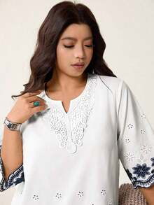 Blusa de verano de talla grande, de unicolor, hueca, bordada, casual, para vacaciones, temporada de bodas, nuevo diseño de playa para mujer - Azul y blanco - Ver 6