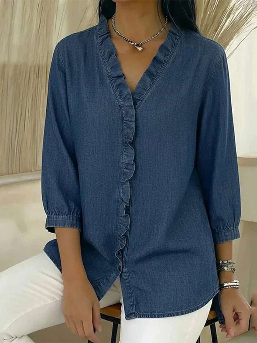 Camisa unicolor con volantes y mangas farol de tul, estilo elegante primavera 2026 - Azul oscuro - Ver 1