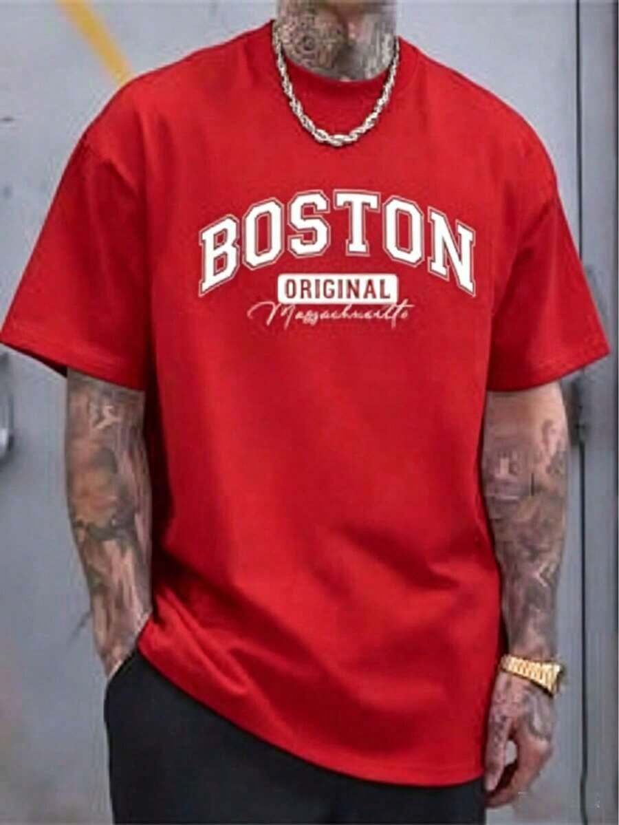 Original Design T-Shirt 100% Cotton| Short-Sleeved, Crew-Neck T-Shirt, Soft And Breathable, With A Striking "Boston" Print, Suitable For All Seasons, Making It An Ideal Choice For Casual Wear And Holidays Such As Christmas, Easter, Halloween And Thanksgiving. - 紅色 - 查看 1