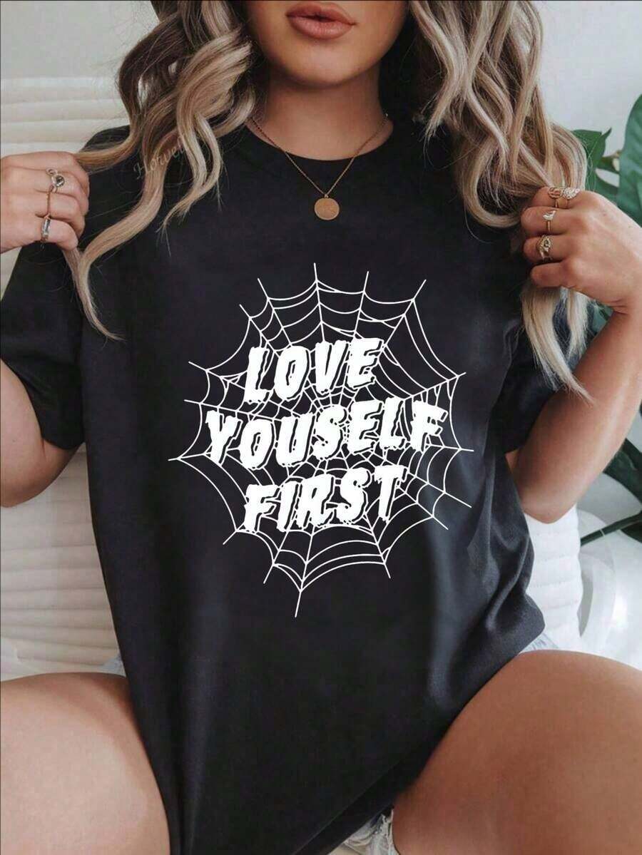 Camiseta Casual de Moda para Mujer con Estampado de Telaraña "Vintage Love Yourself First", Adecuada para Todas las Temporadas  
 -WhiteFashion - Negro - Ver 1