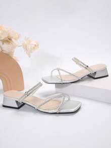 Versatile Square Toe Chunky Heel Sandals, Fashionable French Style Crystal Embellished High Heels Suitable For Party, Commuting In Summer, Block Heels - Silver - View 6