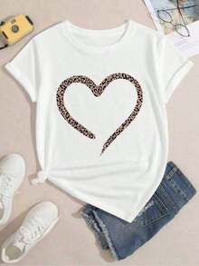 short-sleeveRound Neck Camiseta informal de talla grande con estampado de leopardo y corazones.Algodón premium, corte holgado, transpirable, estilo casual, estampado llamativo. Blusas Para Mujer Casual100% Cotton - Blanco - Ver 3