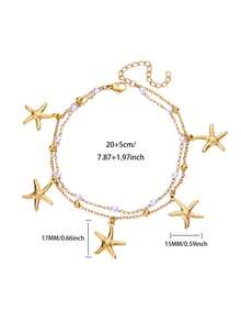 1 chiếc vòng chân hai lớp hình sao biển và ngọc trai bằng thép không gỉ mạ vàng 18K, phụ kiện đi biển mùa hè, quà tặng hàng ngày cho phụ nữ - Vàng - Xem 14