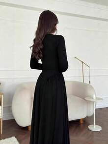 New Autumn Winter Collection Solid Color Dress French Style U-Neck Long Sleeve Dress With Ties Fitted Waist Elegant Sophisticated European Fashion For Women - 黑色 - 查看 8