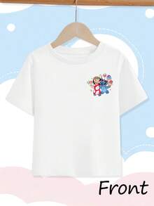 [Authorized] Stitch And Lilo Castle Print Disney Girls' Summer Round Neck Casual T-Shirt For Children, Slightly Stretchy Fabric, Suitable For Birthday Gifts, Ideal For Daily Activities, Sports, And Travel, Summer T-Shirts For Girls - trắng - Xem 2