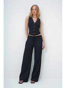Women's Casual Commuting Minimalist Solid Color V-Neck Single-Breasted Fitted Cropped Tank Top And Drawstring Waist Straight Leg Pants Set - Black - View 2