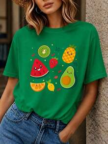 Women's Summer T-Shirt With Fruit Print - Graphic Tee With Watermelon, Strawberry, Avocado, And Kiwi, Loose Fit, Short Sleeve, Casual Crew Neck, Machine Washable, Comfortable Blouse For Everyday Wear In Spring/Summer (Medium Stretch). Suitable As A Gift. Women's T-Shirt. Blouses > Elegant. Boho Chic - Vintage Street Style Unisexoose Short Sleeve Cotton Crew Neck T-Shirt - 綠色的 - 查看 6