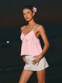 Camiseta de tirantes con volantes y lazo delantero de unicolor para mujer - Rosa - Ver 7