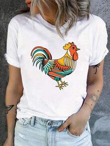 Camiseta Casual con Estampado de Pollo, Cuello Redondo, Manga Corta, para Primavera y Verano, Ropa de Mujer, 100% Algodón, Duradera - Blanco - Ver 1