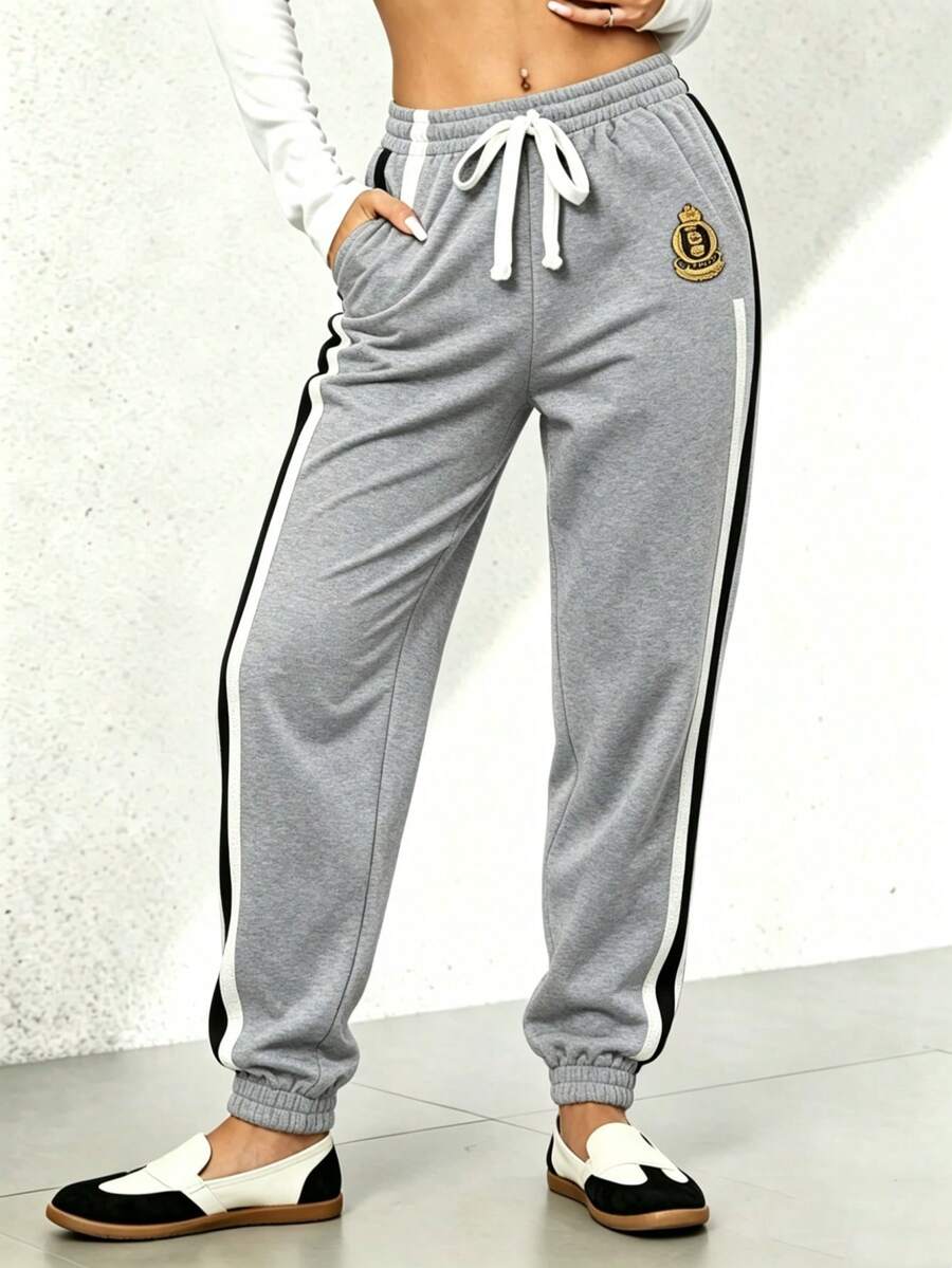 Pantalones largos informales sólidos con efecto de mezclilla y encaje lateral para mujeres - Gris Claro - Ver 1