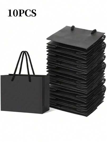 10Pcs Black Kraft Paper Bags With Handles, Black Gift Bags, Solid Color Gift Bag, Mini Portable Small Shopping Bags For Boutique, Wedding Party Favor Bags, BabyShower, Birthday Party, Gift Bags, Bridesmaids Bags, Mother's Day Graduation,Father's Day