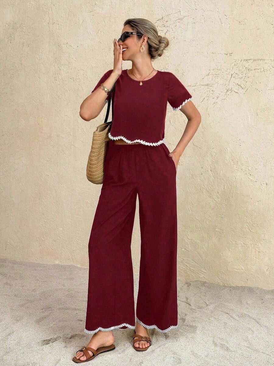 2 piezas Conjunto de top de manga corta de cuello redondo y pantalones de color contrastante para mujer - Burdeos - Ver 1