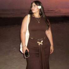 MOD Plus Size Women's Brown Ruched Dress,Wedding Party Dress,Elegant Dress Women,Formal Dress, Dress, Party Dress,Metal Buckle Decoration,Country Concert Outfit,Old Money Style Women,Dresses For Women Party Formal Dresses For Wedding Guest Pleated Tight Dress Brown Wedding Guest Dress Brown Elegant Long Dress Chocolate Brown Dress Brown Long Dress Butterfly Dress Brown Elegant Dress - Marrón - Ver 10